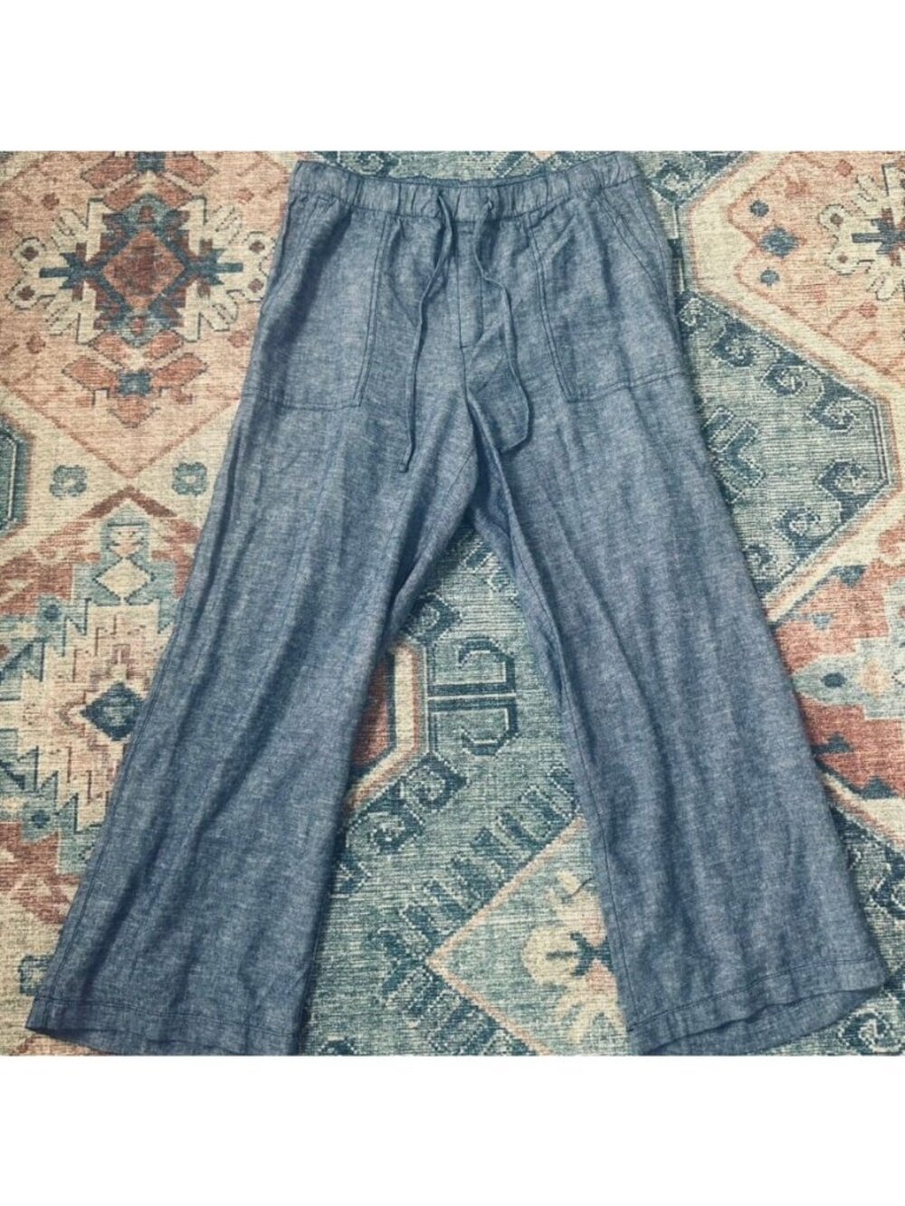 NWOT Gap Women’s L Wide-Leg Chambray Pants Drawstring Waist L Blue Coastal Beach
